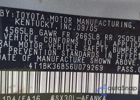 2006 Toyota Avalon Xl z USA, uszkodzony, nr VIN 4T1BK36B56U079269